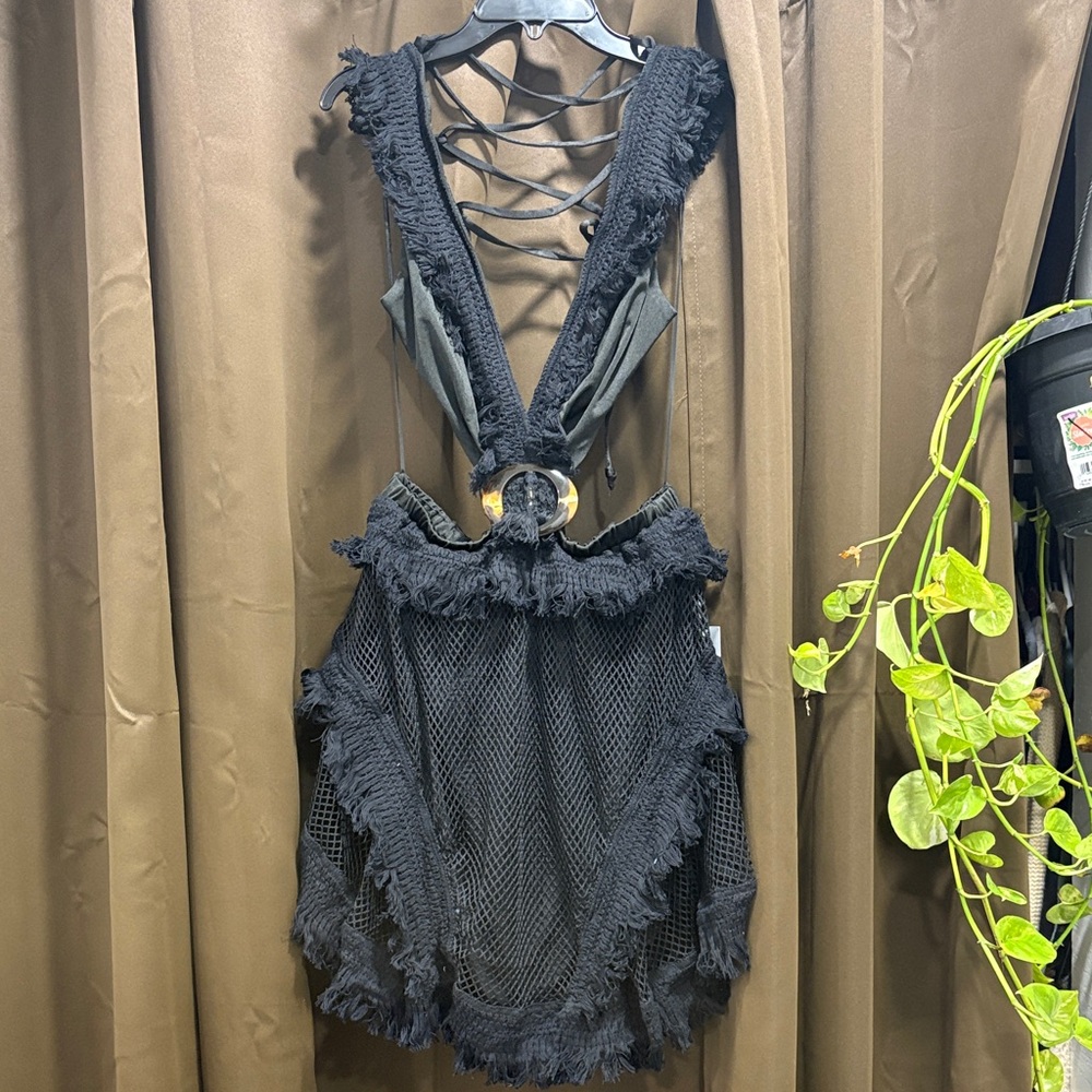 Rosevelvet- Black Fringe Crochet Mesh Dress-S